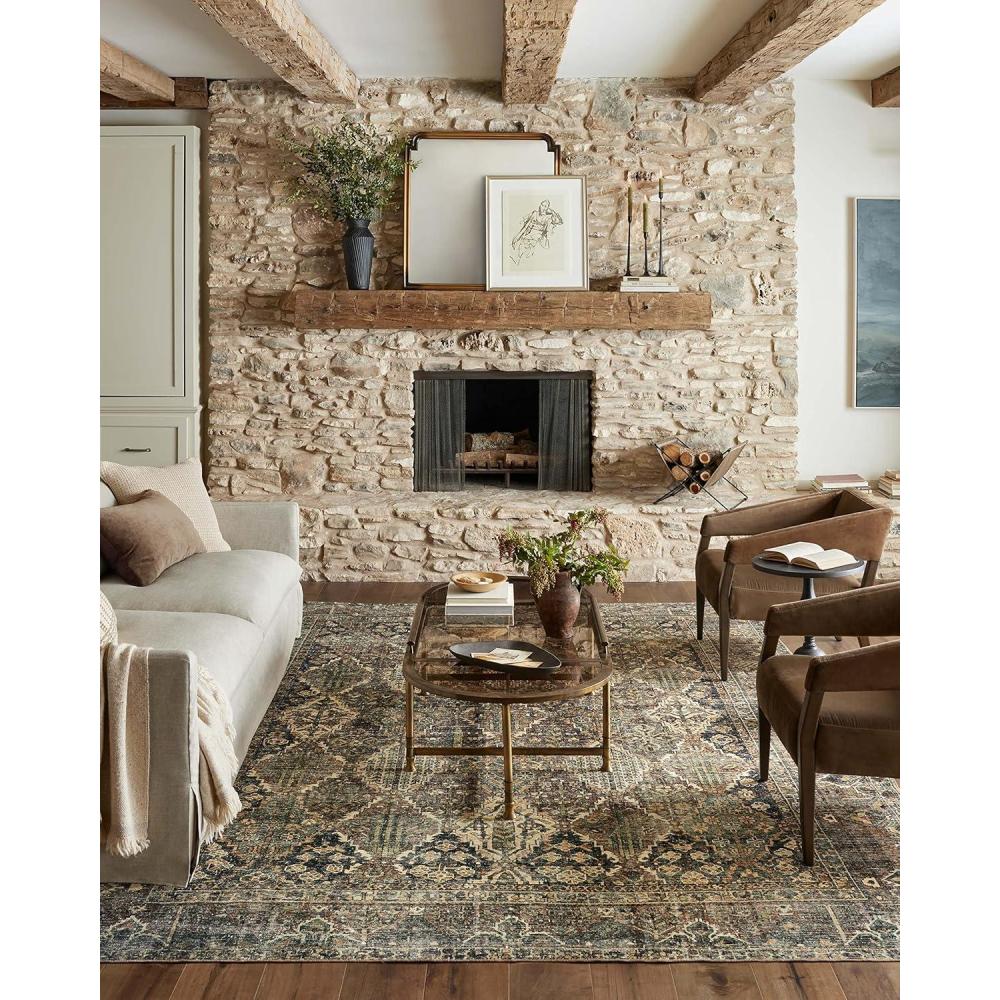 imageLoloi Magnolia Home by Joanna Gaines Banks Collection BAN04 BrickIvory 86quot x 116quot 13quot Pile Height Machine Washable Area RugSpice Blue