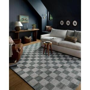 Loloi Chris Loves Julia Calvin Collection CLV-01 Pebble/Ivory 7′-10″ x 10′ Area Rug Checkered Neutral Soft Living Room Bedroom Carpet(Blue / Ivory)