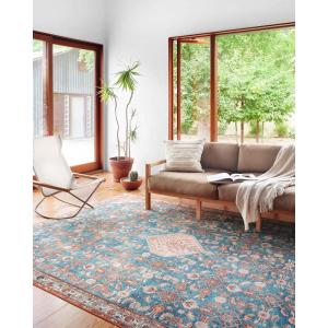 Loloi Layla Collection LAY-03 Olive/Charcoal 5′-0″ x 7′-6″ .13″ Thick Area Rug, Soft, Durable, Vintage Inspired, Distressed, Low Pile, Non-Shedding, Easy Clean, Printed, Living Room Rug(Marine / Clay)