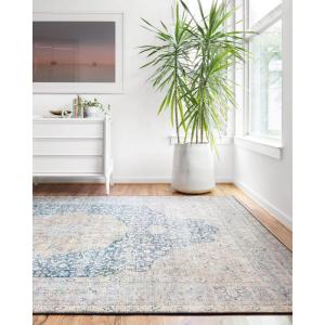 Loloi Layla Collection LAY-03 Olive/Charcoal 5′-0″ x 7′-6″ .13″ Thick Area Rug, Soft, Durable, Vintage Inspired, Distressed, Low Pile, Non-Shedding, Easy Clean, Printed, Living Room Rug(Blue / Tangerine)