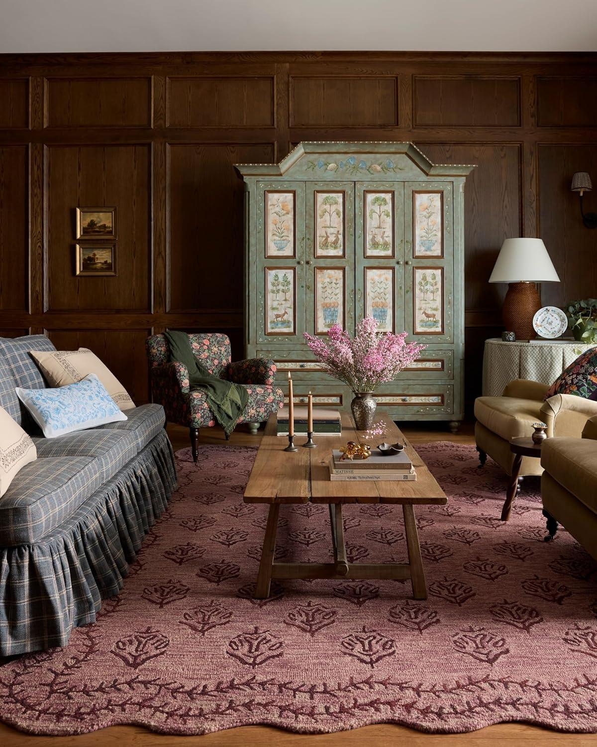 image:imageLoloi Rifle Paper Co Lisette Collection LST01 WheatIvory 18 x 18 Sample Rug Wool Natural Scallop Wavy Floral Textured Living Room Bedroom Dining CarpetPlum Dark Plum