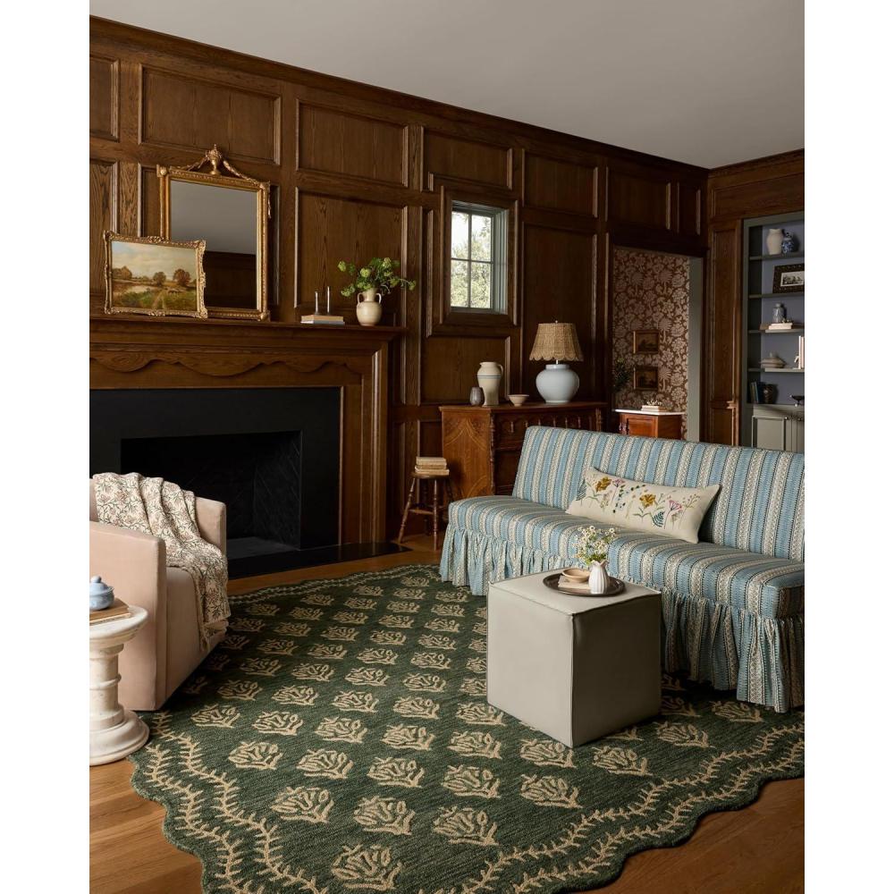 image:imageLoloi Rifle Paper Co Lisette Collection LST01 WheatIvory 18 x 18 Sample Rug Wool Natural Scallop Wavy Floral Textured Living Room Bedroom Dining CarpetForest Oatmeal