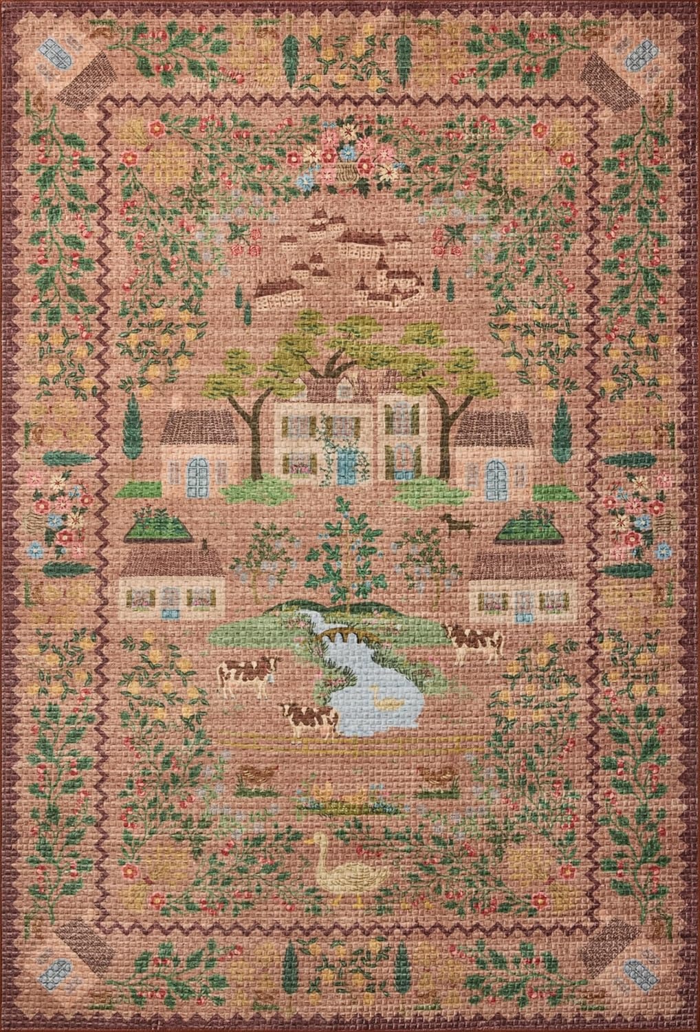 image:imageLoloi Rifle Paper Co Orchard Collection ORH05 NaturalMulti 26 x 116 Runner Rug Machine Washable Floral Vintage Inspired FarmhousePrintedLow PileSoftLiving RoomBedroomDiningCarpetMauve Multi